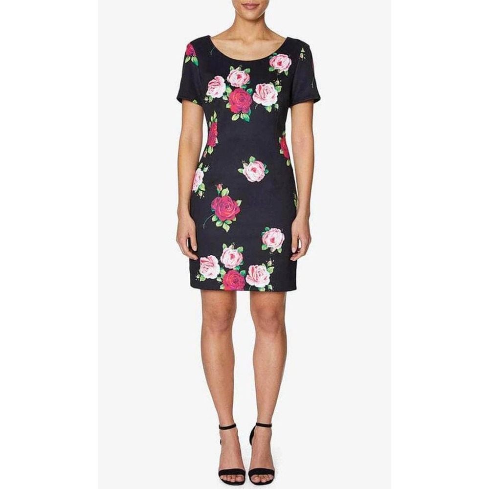 Betsey Johnson Sheath Dress Women 14 Black Floral Rose Scuba Stretch Cocktail